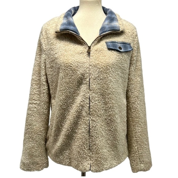 Pendleton Cream Sherpa Flannel Trim Full Zipper Teddy Coat Women’s Large - Picture 5 of 16